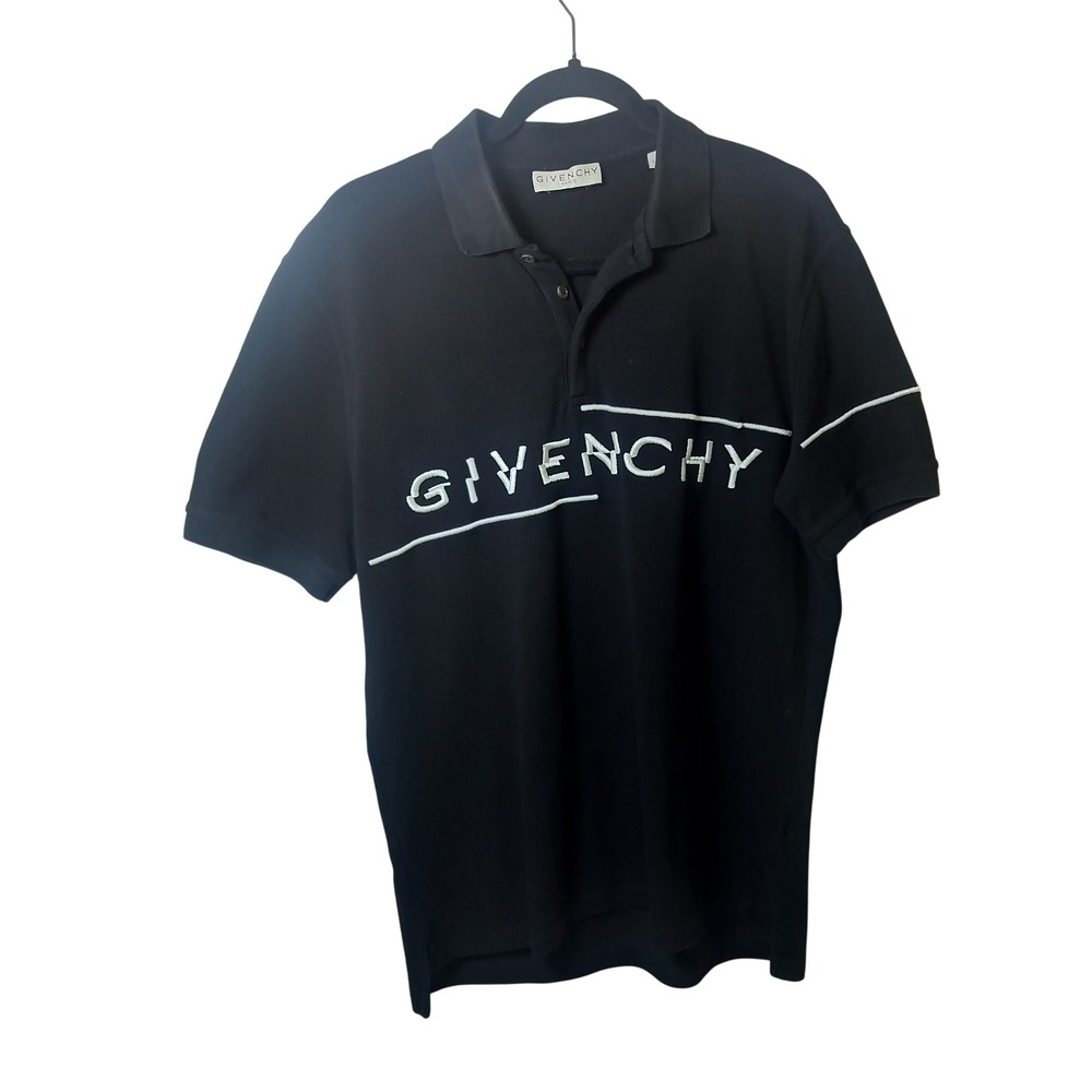 Givenchy Paris Mens Slim Fit‎ Embroidered Logo Polo Shirt Black BM70U63006 Large